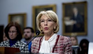 Education Secretary Betsy DeVos speaks during a House Appropriations subcommittee hearing on budget on Capitol Hill in Washington, Tuesday, March 26, 2019. (AP Photo/Andrew Harnik) **FILE**