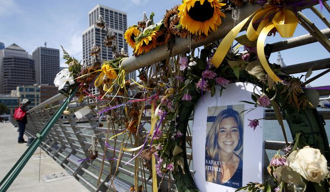 In this July 17, 2015, photo, flowers and a portrait of Kate Steinle remain at a memorial site on Pier 14 in San Francisco. A federal appeals court refused to reinstate a lawsuit the parents of Kate Steinle filed against San Francisco for refusing to cooperate with federal immigration authorities seeking to deport a man later charged with killing Steinle. A three-judge panel of the 9th Circuit Court of Appeals unanimously ruled Monday, March 25, 2019, that the city&#x27;s non-cooperation policy with federal immigration officials broke no federal, state or local laws. (Paul Chinn/San Francisco Chronicle via AP) **FILE**