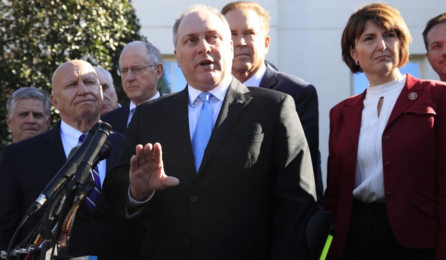 Rep. Rep. Steve Scalise, R-La., center, together with Rep. Kevin Brady, R-Texas, left, and Rep. Cathy McMorris Rodgers, R-Wa., right, and other Republican members of Congress speaks to reporters outside the West Wing of the White House following a meeting with President Donald Trump at the White House in Washington, Tuesday, March 26, 2019. (AP Photo/Manuel Balce Ceneta)