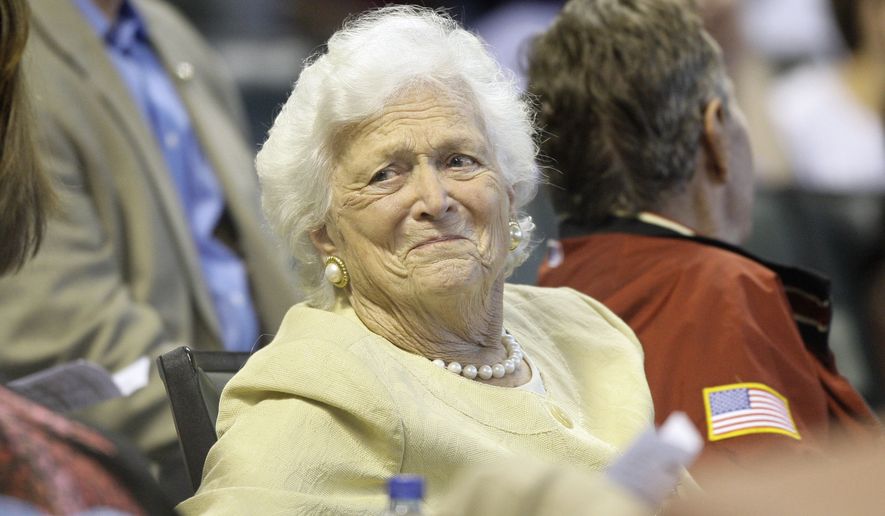 This April 18, 2009, file photo shows former first lady Barbara Bush during the third inning of a Major League Baseball game in Houston. In excerpts of an upcoming biography, “The Matriarch,” published Wednesday, March 27, 2019, in USA Today, the former first lady discussed how her trouble with congestive heart failure and chronic pulmonary disease were aggravated by Trump’s attacks on her son, Jeb, during the Republican presidential primaries. Bush was 92 when she died in April 2018. (AP Photo/David J. Phillip, File)