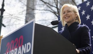 Sen. Kirsten Gillibrand, D-N.Y., speaks at the kickoff of her presidential campaign, Sunday, March 24, 2019, near the Trump International Hotel and Tower in New York. (AP Photo/Julius Constantine Motal) **FILE**