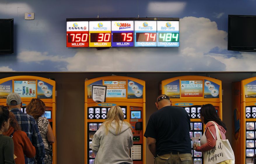 Jackpots, including the Powerball jackpot, are on display at the Lotto Store at Primm just inside the California border Wednesday, March 27, 2019, near Primm, Nev. The Powerball jackpot soared to a massive $750 million Wednesday. (AP Photo/John Locher) **FILE**
