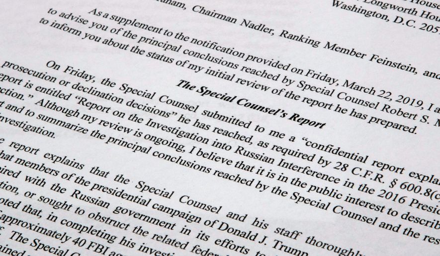 The letter from Attorney General William Barr to Congress on the conclusions reached by special counsel Robert Mueller in the Russia probe photographed on Sunday, March 24, 2019. (AP Photo/Jon Elswick)