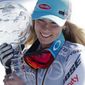 United States&#x27; Mikaela Shiffrin holds the women&#x27;s World Cup overall trophy at the alpine ski, World Cup finals in Soldeu, Andorra, Sunday, March 17, 2019. (AP Photo/Gabriele Facciotti) **FILE**