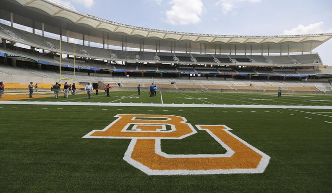 FILE - In this Aug. 18, 2014, file photo, the Baylor University logo is displayed on the football field at McLane Stadium in Waco, Texas. A federal judge has ordered a law firm to turn over thousands of records that lawyers say should give a fuller accounting of how Baylor University responded to sexual assault allegations made by students. Judge Robert Pitman ruled Thursday, March 28, 2019, that Philadelphia-based Pepper Hamilton must produce all materials related to its internal review that resulted in a 2016 summary report finding &amp;quot;institutional failure at every level.&amp;quot; (AP Photo/Waco Tribune-Herald via AP, File)
