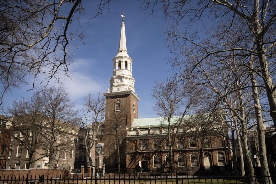This Wednesday, March 27, 2019 photo shows the exterior of the Christ Church in Philadelphia. The National Endowment for the Humanities has awarded a $500,000 grant to the historic church to restore its steeple and church tower. (AP Photo/Matt Rourke)
