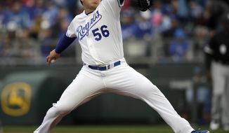 Kansas City Royals starting pitcher Brad Keller delivers to a Chicago White Sox batter during the first inning of a baseball game at Kauffman Stadium in Kansas City, Mo., Thursday, March 28, 2019. (AP Photo/Orlin Wagner)