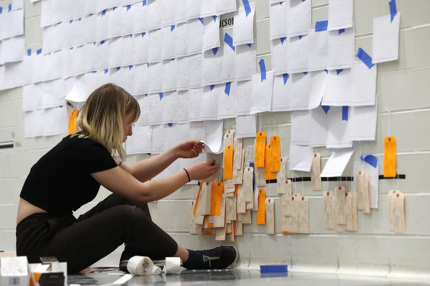 Lucy Cahill applies a toe tag to a wall in Ann Arbor, Mich., Wednesday, March 27, 2019. The giant map of Arizona in the hallway of a University of Michigan classroom building steadily fills with orange and tan tags. On closer inspection, they are toe tags, the informational cards traditionally attached to bodies in morgues, representing the roughly 3,000 people who have perished in the past two decades illegally crossing from Mexico in the U.S. in the Sonoran Desert. The tan tags are for those whose remains have been identified; the orange are unidentified. (AP Photo/Paul Sancya)