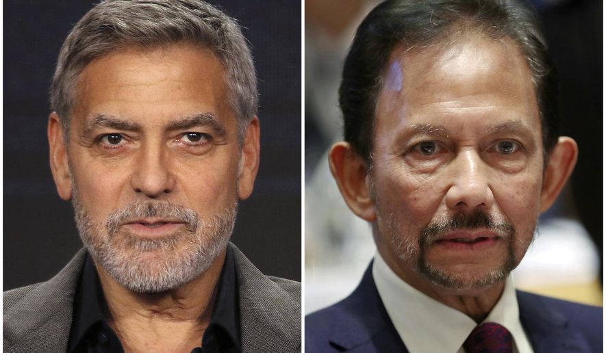 FILE - This combination of file photos shows George Clooney in Pasadena, Calif., on Feb. 11, 2019, left, and Brunei's Sultan Hassanal Bolkiah in Brussels on Oct. 18, 2018. Clooney is calling for the boycott of nine hotels in the U.S. and Europe with ties to Sultan Bolkiah, who's country will implement Islamic criminal laws in April 2019 to punish gay sex by stoning offenders to death. (AP Photo/Willy Sanjuan and Francisco Seco, File)