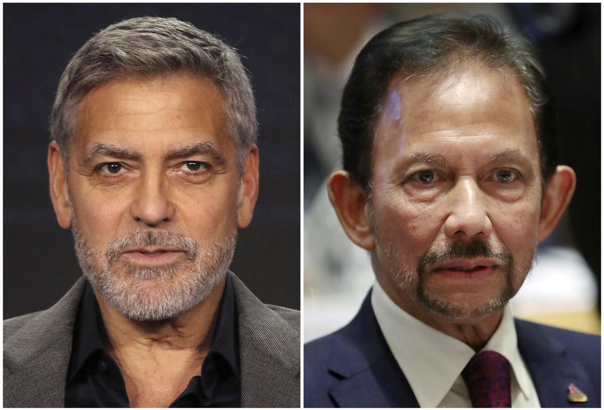 FILE - This combination of file photos shows George Clooney in Pasadena, Calif., on Feb. 11, 2019, left, and Brunei's Sultan Hassanal Bolkiah in Brussels on Oct. 18, 2018. Clooney is calling for the boycott of nine hotels in the U.S. and Europe with ties to Sultan Bolkiah, who's country will implement Islamic criminal laws in April 2019 to punish gay sex by stoning offenders to death. (AP Photo/Willy Sanjuan and Francisco Seco, File)