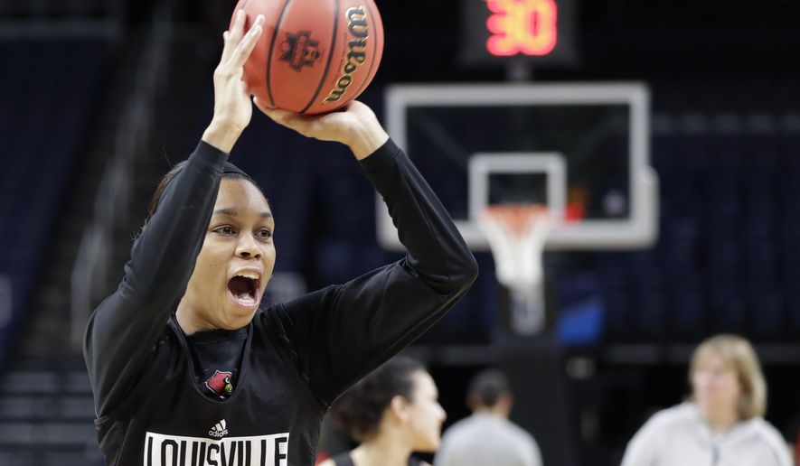 Louisville guard Asia Durr passes during practice at the NCAA women&#39;s college basketball tournament, Thursday, March 28, 2019, in Albany, N.Y. Louisville faces Oregon State in a regional semifinal game on Friday. (AP Photo/Kathy Willens)