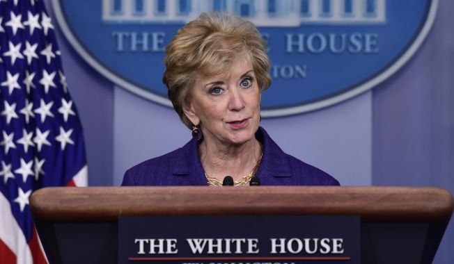 FILE - In this Oct. 3, 2018, file photo, Small Business Administrator Linda McMahon speaks during a briefing at the White House in Washington. (AP Photo/Susan Walsh, File)