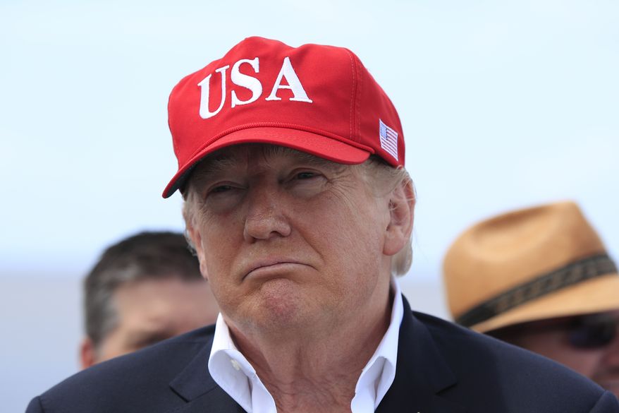 President Donald Trump speaks to reporters during a visit to Lake Okeechobee and Herbert Hoover Dike at Canal Point, Fla., Friday, March 29, 2019. (AP Photo/Manuel Balce Ceneta)