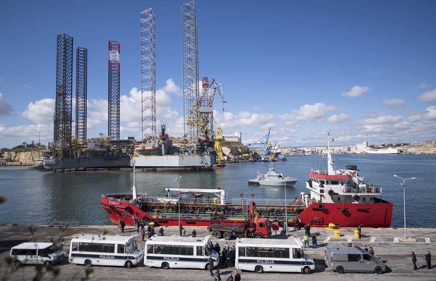 A view of Turkish oil tanker El Hiblu 1, which was hijacked by migrants, harbored in Valletta, Malta, Thursday March 28, 2019. A Maltese special operations team on Thursday boarded a tanker that had been hijacked by migrants rescued at sea, and returned control to the captain, before escorting it to a Maltese port. (AP Photo/Rene' Rossignaud)