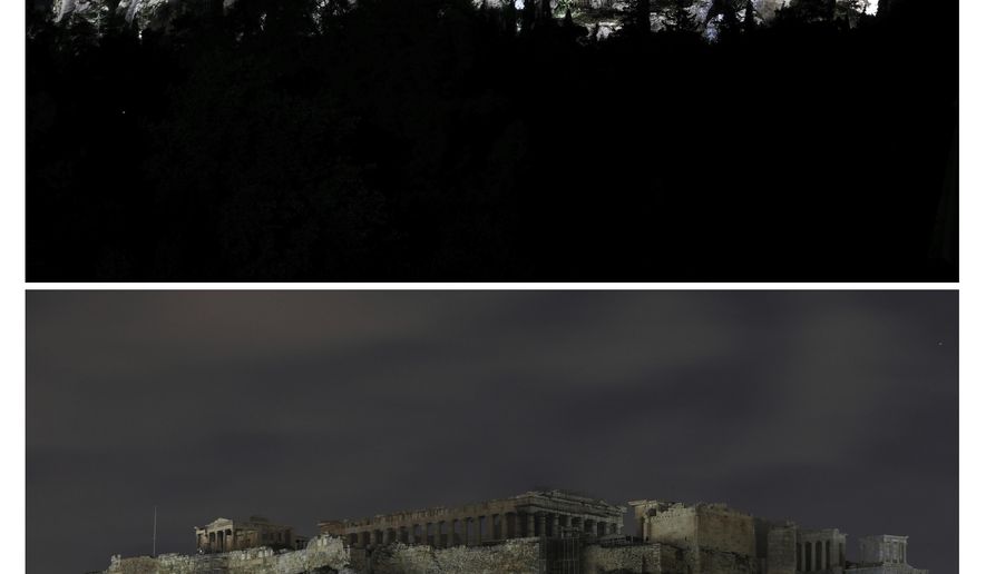 This combination of photos show the Acropolis hill before and after having its lighting switched off to mark Earth Hour in Athens, on Saturday, March 30, 2019. Earth Hour takes place worldwide and is a global call to turn off lights for 60 minutes in a bid to highlight the global climate change. (AP Photo/Yorgos Karahalis)