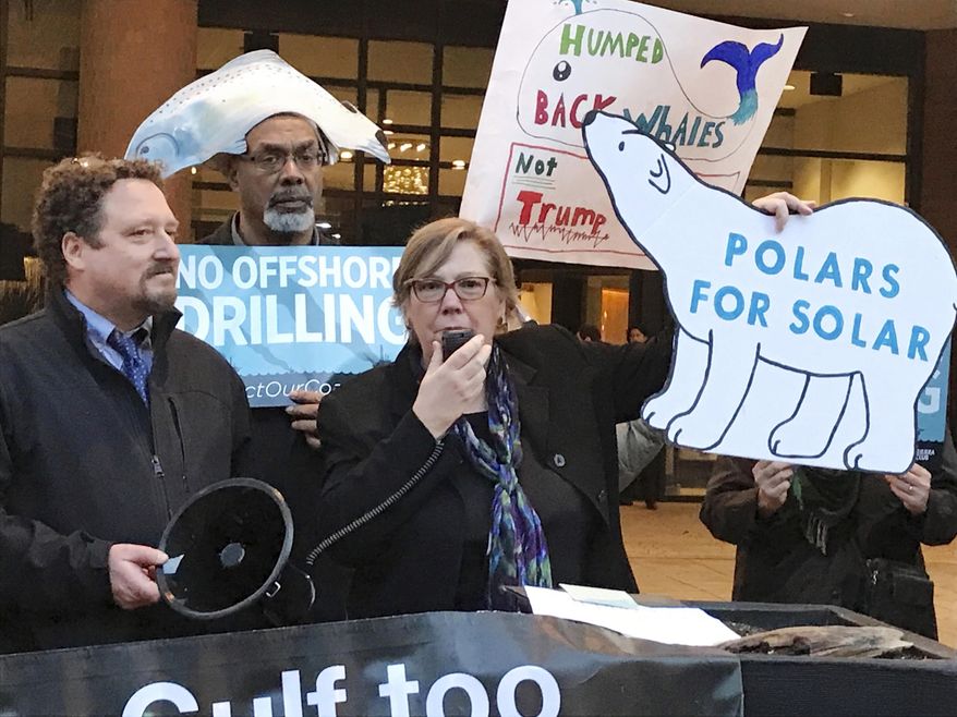 FILE - In this Feb. 15, 2018 file photo, Judith Enck, center, former regional administrator for the Environmental Protection Agency addresses those gathered at a protest against President Trump's plan to expand offshore drilling for oil and gas in Albany, N.Y. A U.S. judge in Alaska says President Donald Trump exceeded his authority when he reversed a ban on offshore drilling in vast parts of the Arctic Ocean and dozens of canyons in the Atlantic Ocean. Judge Sharon Gleason in a ruling late Friday, March 29, 2019 threw out Trump’s executive order that overturned the ban implemented by President Barack Obama.(AP Photo/David Klepper, File)