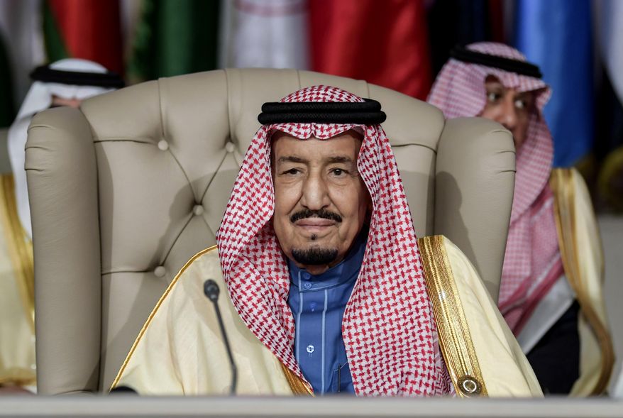 Saudi Arabia's King Salman attends the opening session of the 30th Arab League summit in the Tunisian capital Tunis, Sunday, March 31, 2019. (Fethi Belaid/Pool Photo via AP)