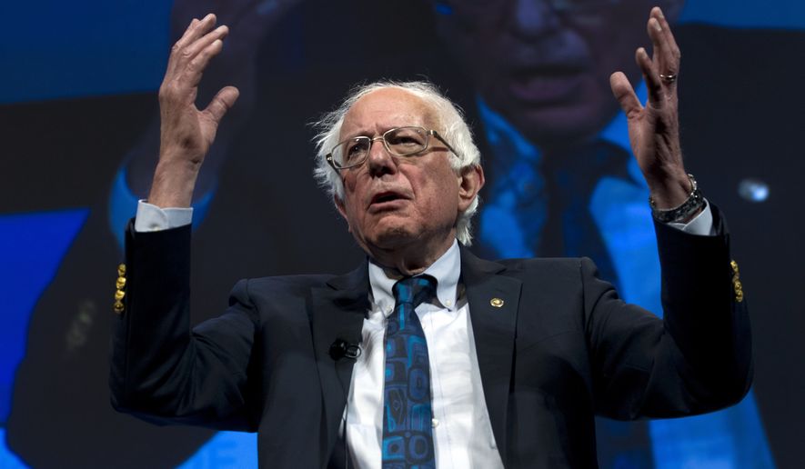 Sen. Bernie Sanders, a 2020 Democratic presidential candidate, speaks during the We the People Membership Summit, featuring the Democratic candidates, at the Warner Theater in Washington on April 1, 2019. (Associated Press) **FILE**
