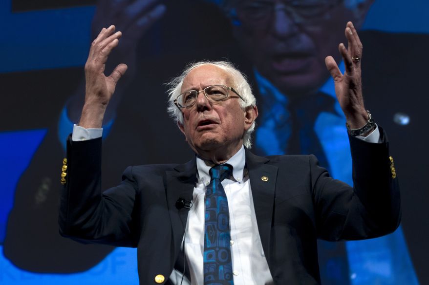 Sen. Bernie Sanders, a 2020 Democratic presidential candidate, speaks during the We the People Membership Summit, featuring the Democratic candidates, at the Warner Theater in Washington on April 1, 2019. (Associated Press) **FILE**
