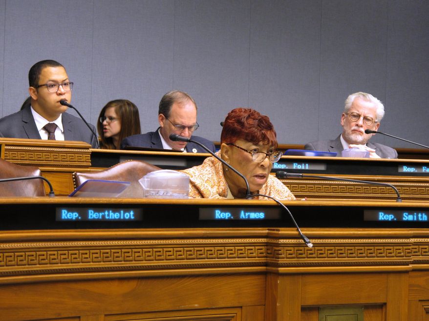 Rep. Patricia Smith, D-Baton Rouge, asks questions during the House Appropriations Committee's start of budget hearings on Monday, April 1, 2019, in Baton Rouge, La. (AP Photo/Melinda Deslatte)