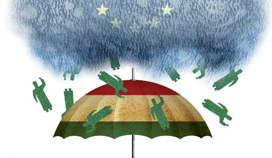 Illustration on Hungarian resistance to EU dictated immigration by Alexander Hunter/The Washington Times