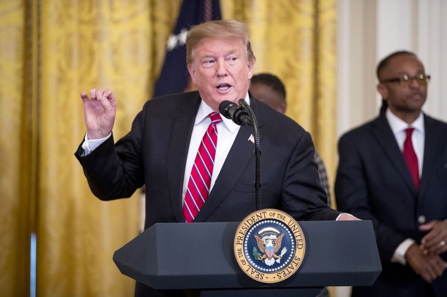 President Donald Trump speaks at the 2019 Prison Reform Summit and First Step Act Celebration in the East Room of the White House in Washington, Monday, April 1, 2019. (AP Photo/Andrew Harnik)