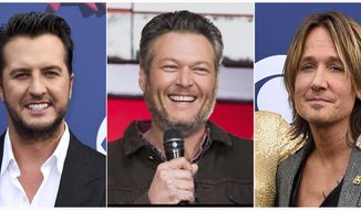 This combination photo shows country singers, from left, Luke Bryan, Blake Shelton and Keith Urban who will perform at the Academy of Country Music Awards in Las Vegas on Sunday. (AP Photo)