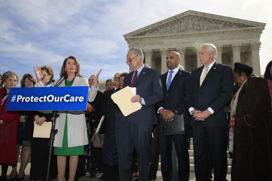 House Speaker Nancy Pelosi of California, with Senate Minority Leader Chuck Schumer of New York; Rep. Colin Allred, D-Texas; House Majority Leader Steny Hoyer of Maryland; Rep. Sheila Jackson Lee, D-Texas; and other Democrat leaders, speaks outside the U.S. Supreme Court in Washington, Tuesday, April 2, 2019. (AP Photo/Manuel Balce Ceneta)
