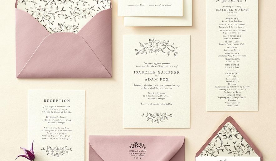 This photo provided by Paper Source shows the exclusively designed Dogwood Blossom Wedding Invitation suite from Paper Source's 2019 collection. Whether formal or casual, wedding invitations these days are meant to set the tone for the celebration and reflect its themes. Whether formal or casual, wedding invitations these days are meant to set the tone for the celebration and reflect its themes. (Paper Source via AP)