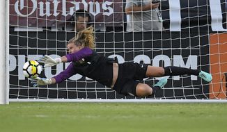 FILE - In this Aug. 3, 2017, file photo, U.S. goalkeeper Alyssa Naeher stops a shot against Japan during the first half of a Tournament of Nations soccer match, in Carson, Calif. Naeher recalls that as a freshman in college a teammate told her she couldn&#39;t afford to be intimidated. The U.S. national team goalkeeper carries that advice as she prepares for the World Cup. (AP Photo/Mark J. Terrill, File)