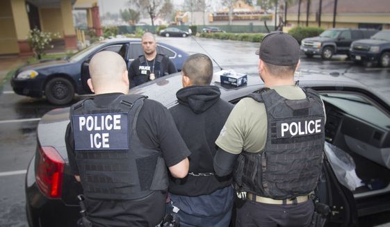 In this Tuesday, Feb. 7, 2017, file photo released by U.S. Immigration and Customs Enforcement, foreign nationals are being arrested during a targeted enforcement operation conducted by U.S. Immigration and Customs Enforcement (ICE) aimed at immigration fugitives, re-entrants and at-large criminal aliens in Los Angeles. (Charles Reed/U.S. Immigration and Customs Enforcement via AP) ** FILE **