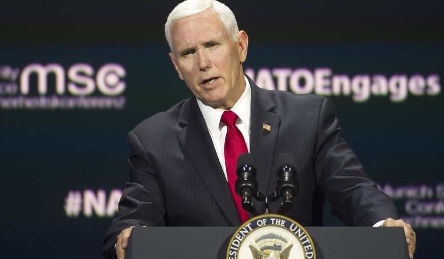 Vice President Mike Pence addresses the Atlantic Council&#x27;s &quot;NATO Engages The Alliance at 70&quot; conference, in Washington, Wednesday, April 3, 2019. (AP Photo/Cliff Owen)