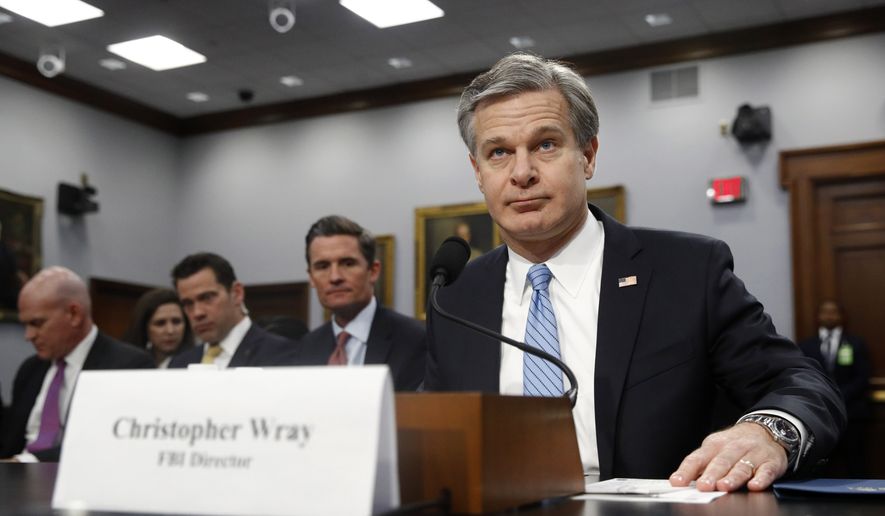 FBI Director Christopher Wray prepares to testify before a House Appropriations subcommittee hearing on the bureau&#x27;s budget, Thursday, April 4, 2019, on Capitol Hill in Washington. (AP Photo/Patrick Semansky)