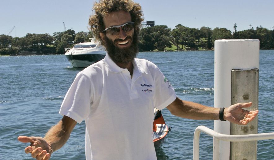 FILE - In this Sunday, Dec. 14, 2008 file photo, Italian solo rower Alex Bellini arrives at the Opera House in Sydney, Australia. Italian explorer Alex Bellini plans to travel down the world’s 10 most polluted rivers on make-shift rafts, tracing the routes of plastics that pollute the world’s oceans. Bellini said Thursday April 4, 2019 that he was inspired by a 2018 study by a German scientist that found 80% of plastic in the oceans arrives from just 10 rivers. (AP Photo/Rob Griffith, File)