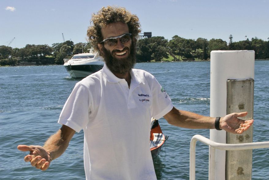 FILE - In this Sunday, Dec. 14, 2008 file photo, Italian solo rower Alex Bellini arrives at the Opera House in Sydney, Australia. Italian explorer Alex Bellini plans to travel down the world’s 10 most polluted rivers on make-shift rafts, tracing the routes of plastics that pollute the world’s oceans. Bellini said Thursday April 4, 2019 that he was inspired by a 2018 study by a German scientist that found 80% of plastic in the oceans arrives from just 10 rivers. (AP Photo/Rob Griffith, File)