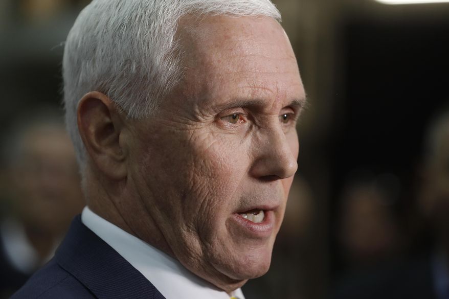 Vice President Mike Pence speaks during a news conference following a visit to Lamb Farms, Inc., Thursday, April 4, 2019, in Lebanon, Ind. (AP Photo/Darron Cummings)