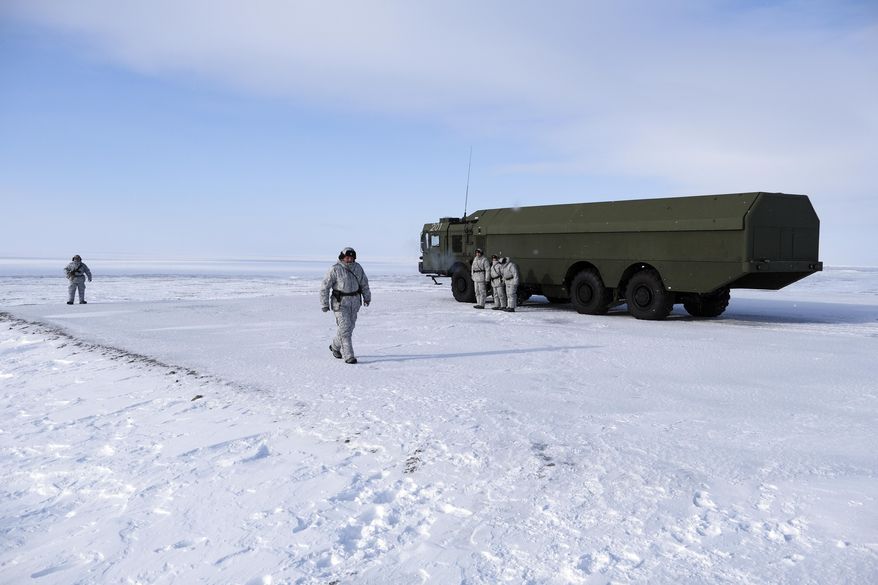 In this photo taken on Wednesday, April 3, 2019, Russian troops conduct training with a Bastion missile launcher on Kotelny Island, part of the New Siberian Islands archipelago located between the Laptev Sea and the East Siberian Sea, Russia. Russia has made reaffirming its presence in the Arctic the top goal amid an intensifying international rivalry over the region that is believed to hold up to one-quarter of the planet's undiscovered oil and gas. (AP Photo/Vladimir Isachenkov)