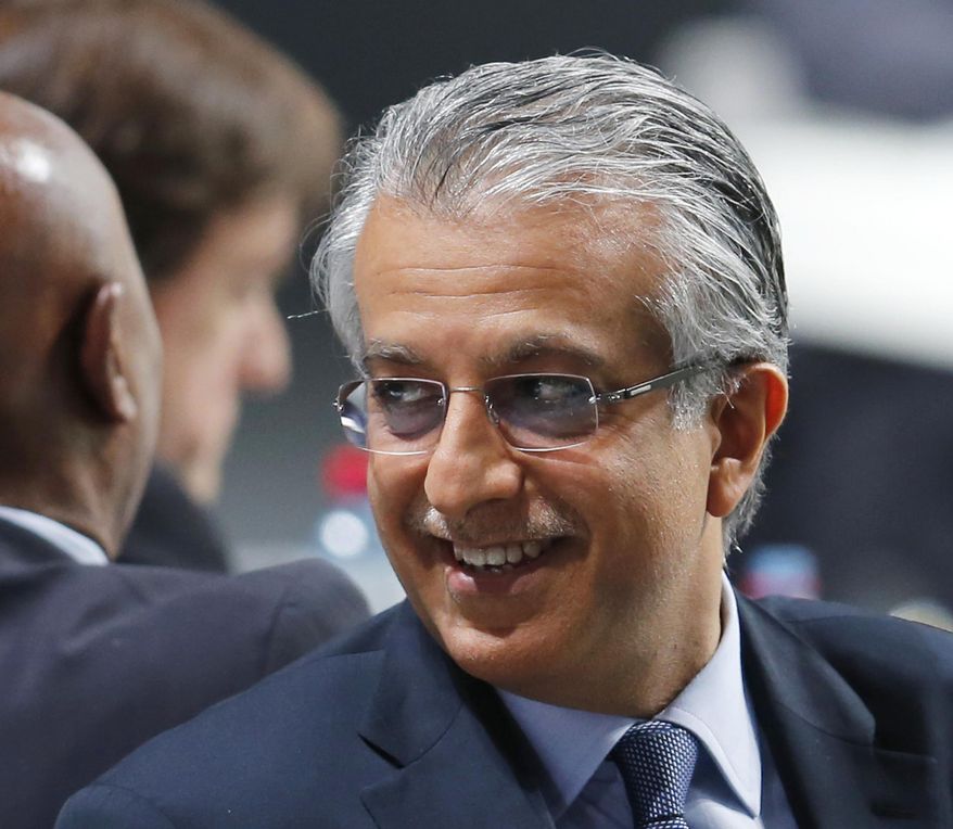 FILE - In this Feb. 26, 2016, file photo, the FIFA presidential candidate Sheikh Salman bin Ebrahim Al Khalifa of Bahrain smiles as the votes are counted during the extraordinary FIFA congress in Zurich, Switzerland. The Asian Football Confederation holds its presidential election on Saturday, March 6, 2019, with incumbent Sheikh Salman standing unopposed for a new term. (AP Photo/Michael Probst, File)