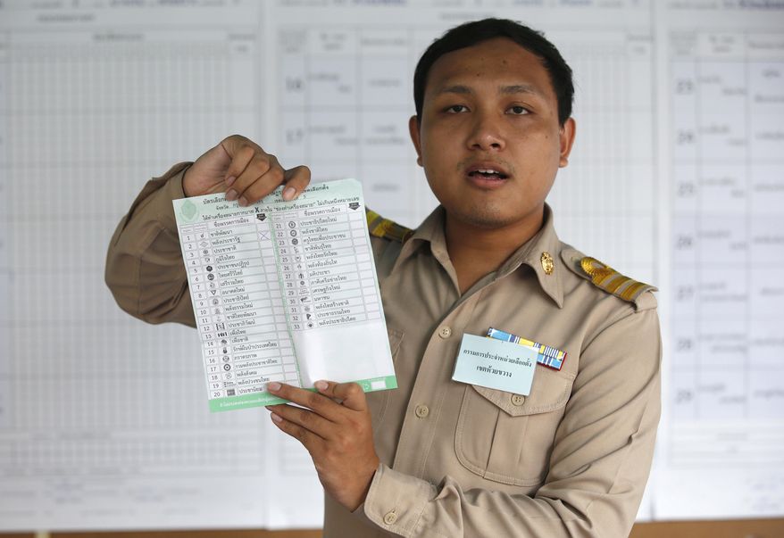 In this Sunday, March 24, 2019, photo, a Thai officer count ballot after close polling station n Bangkok, Thailand. Thai election authorities have ordered a recount of votes and new elections in some polling areas after finding irregularities in last month’s elections. Thailand’s Election Commission said in a statement Thursday, April 4, that it had ordered a recount in two polling stations and new elections in six polling stations due to the number of voters not matching the number of ballots in the March 24 general elections.(AP Photo/Sakchai Lalit)