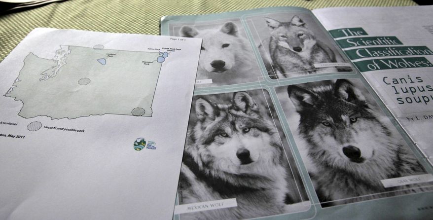 FILE - This June 18, 2011 file photo shows a map of confirmed and possible wolf packs in Washington state next to a magazine about wolves on the kitchen table of Ray Robertson, who is both both a volunteer for Conservation Northwest and a contractor for the U.S. Forest Service, near Twisp, Wash. On Thursday, April 4, 2019, the Washington Department of Fish and Wildlife said the number of gray wolves in Washington state continued to grow in 2018, and the state for the first time has documented a pack living west of the Cascade Range. (AP Photo/Elaine Thompson, File)