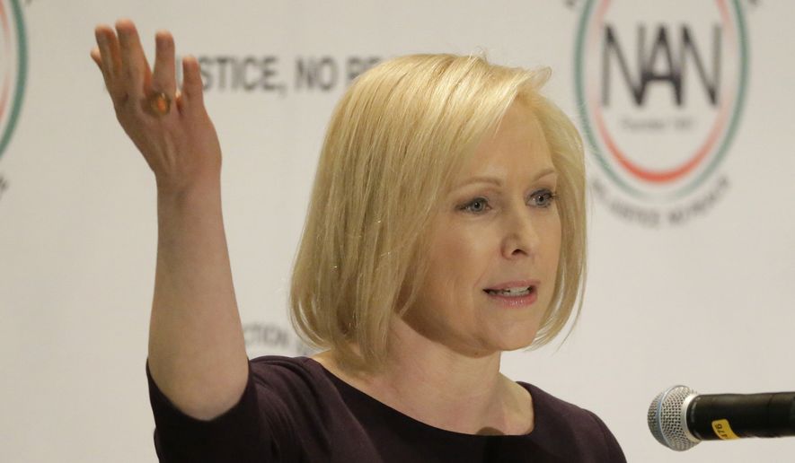 U.S. Sen. Kirsten Gillibrand, D-N.Y., a candidate for the 2020 Democratic presidential nomination, speaks during a luncheon at the National Action Network Convention in New York, Friday, April 5, 2019. (AP Photo/Seth Wenig)