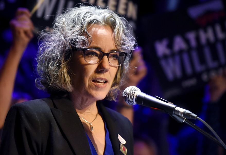 FILE - In this Nov. 6, 2018 file photo Kathleen Williams speaks at her election party in Bozeman, Mont. The Democratic former lawmaker is launching a second bid for Montana's sole seat in the U.S. House of Representatives.. (Rachel Leathe/Bozeman Daily Chronicle via AP,File)