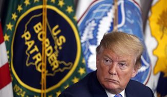 President Donald Trump participates in a roundtable on immigration and border security at the U.S. Border Patrol Calexico Station in Calexico, Calif., Friday April 5, 2019. Trump headed to the border with Mexico to make a renewed push for border security as a central campaign issue for his 2020 re-election. (AP Photo/Jacquelyn Martin)