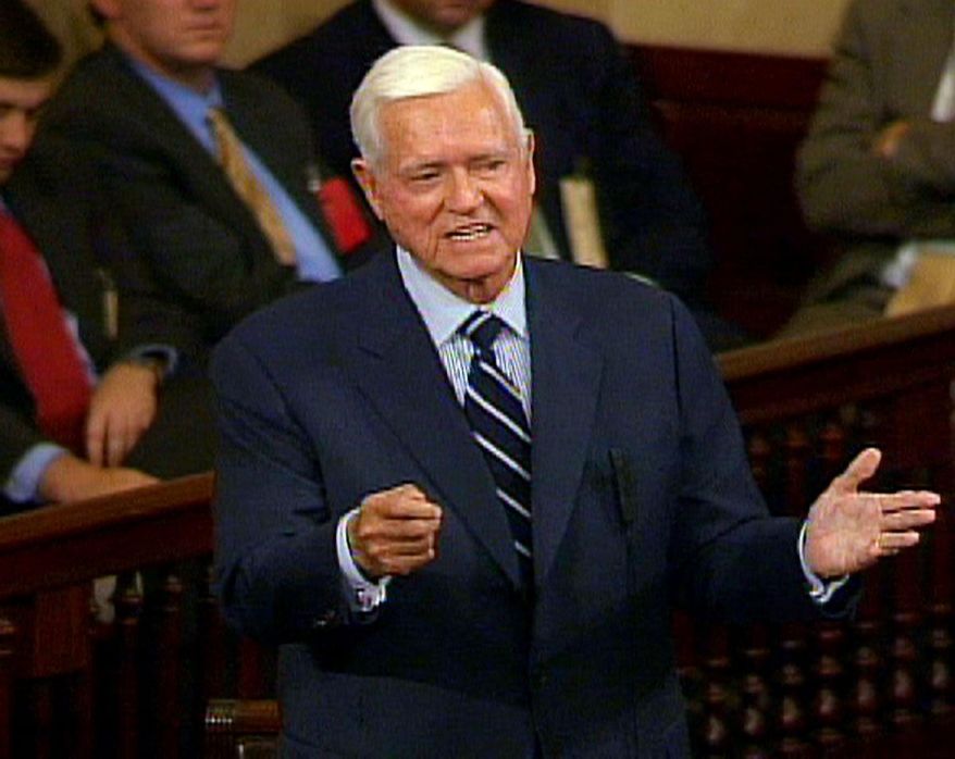 FILE - In this Nov. 16, 2004 file photo, Sen. Ernest ''Fritz'' Hollings, D-S.C., who is retiring in January, addresses the Senate on Capitol Hill in Washington, in this image from video. Hollings, a moderate six-term Democrat who made an unsuccessful bid for the presidency in 1984, has died. He was 97. Family spokesman Andy Brack says Hollings died early Saturday, April 6, 2019. (AP Photo/APTN, File)