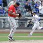 Washington Nationals pitcher Joe Ross (41) reacts as New York Mets&#39; Michael Conforto, back right, runs the bases after hitting a three run home-run during the ninth inning of a baseball game Sunday, April 7, 2019, in New York. (AP Photo/Frank Franklin II)