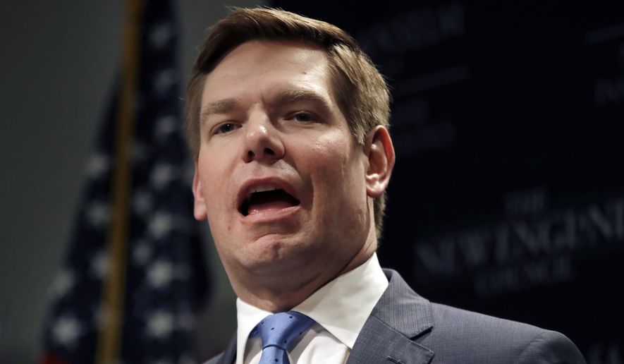 In this Feb. 25, 2019, file photo, Rep. Eric Swalwell, D-Calif., speaks at a Politics &amp; Eggs event in Manchester, N.H.  (AP Photo/Elise Amendola) ** FILE **