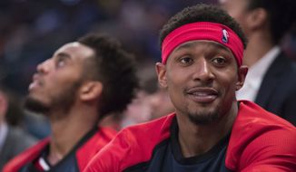 Washington Wizards guard Bradley Beal reacts from the bench during the second half of an NBA basketball game against the New York Knicks, Sunday, April 7, 2019, at Madison Square Garden in New York. The Knicks won 113-110. (AP Photo/Mary Altaffer) **FILE**