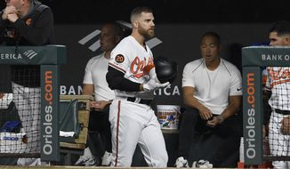 CORRECTS TO SECOND INNING NOT FIRST INNING - Baltimore Orioles&#39; Chris Davis walks in the dugout after he lined out during the second inning of a baseball game against the Oakland Athletics, Monday, April 8, 2019, in Baltimore. (AP Photo/Nick Wass)