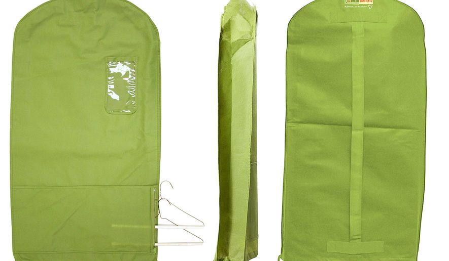 This photo provided by The Green Garmento shows one of the company's Green Garmento bags; an eco-friendly 4-in-1 reusable garment /duffel/ laundry bag that can help you green your dry-cleaning routine and eliminate plastic. (The Green Garmento via AP)