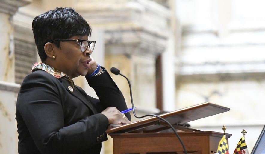 Adrienne Jones, D-Baltimore County, addresses the Maryland House of Delegates in Annapolis, Md., Monday, April 8, 2019, the final day of the state&#39;s 2019 legislative session. (AP Photo/Steve Ruark)